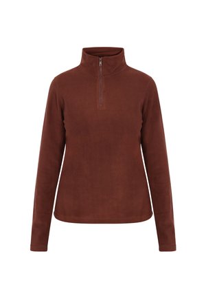 Brun fleece pullover med høj hals og halv lynlås. Langærmede og en glat, blød tekstur. Simpelt design uden mønstre eller accenter.