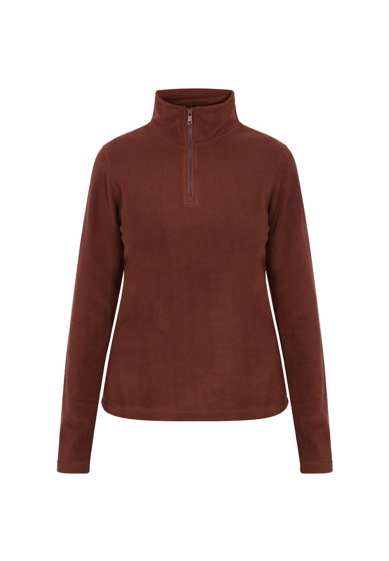 Brun fleece pullover med høj hals og halv lynlås. Langærmede og en glat, blød tekstur. Simpelt design uden mønstre eller accenter.
