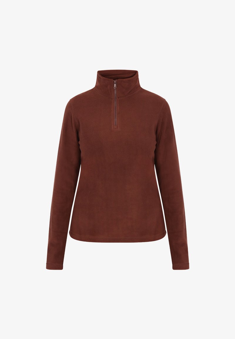 Brun fleece pullover med høj hals og halv lynlås. Langærmede og en glat, blød tekstur. Simpelt design uden mønstre eller accenter.