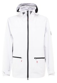 Veste imperméable blanche avec capuche, fermetures éclair noires et deux poches avant. Présente des accents rouges et un matériau lisse et léger.