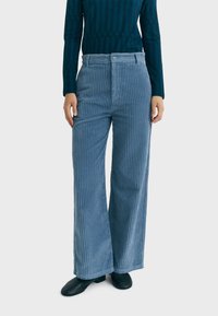 Lichtblauwe corduroy wijde pijpen broek met verticale strepen, hoge taille en een sluiting met knoop aan de voorkant, gecombineerd met een donker lange mouwen top.