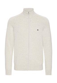 Sudadera de cremallera gris claro con cuello alto, puños y dobladillo acanalados, hecha de material de punto suave, con un pequeño logo negro en el pecho.