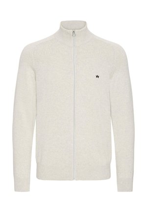 Light gray zip-up sweater with a high neck, ribbed cuffs and hem, made of soft knit material, featuring a small black logo on the chest.
