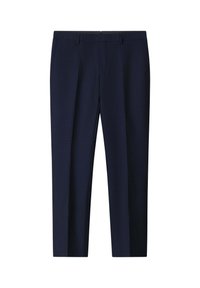Pantalons taillés marine avec une coupe ajustée, fabriqués en tissu lisse. Comprend des passants de ceinture, deux poches latérales et un plis sur le devant.