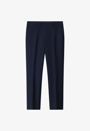 Marineblaue, taillierte Hose mit schmalem Schnitt, aus glattem Stoff gefertigt. Ausgestattet mit Gürtelschlaufen, zwei seitlichen Taschen und einer Bügelfalte auf der Vorderseite.