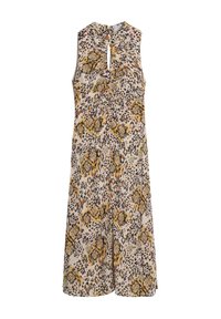Vestido sin mangas en color beige claro con un estampado de leopardo en tonos amarillos y marrones, que presenta una abertura en forma de ojo de cerradura en el escote.