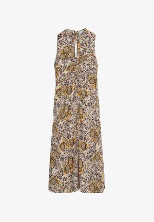 Ärmelloses Kleid in hellbeige mit einem Leopardenmuster in gelben und braunen Tönen, das einen Schlüsselloch-Ausschnitt am Ausschnitt aufweist.