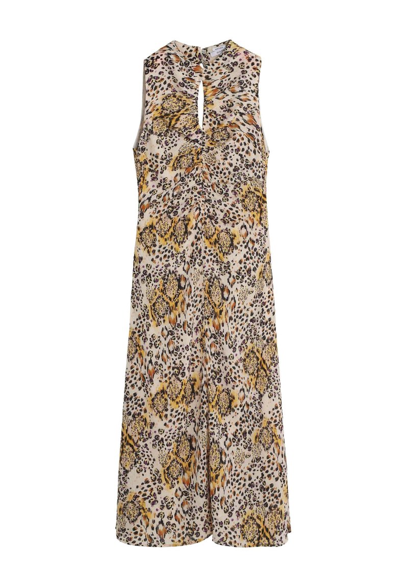 Vestido sin mangas en color beige claro con un estampado de leopardo en tonos amarillos y marrones, que presenta una abertura en forma de ojo de cerradura en el escote.