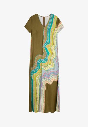 Jurk met korte mouwen van khakikleurige stof met een meerkleurig abstract patroon van golvende lijnen in geel, roze, blauw en groen. V-hals ontwerp.