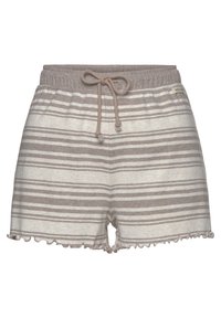 Prugaste kratke hlače u svijetloj bež i taupe boji, izrađene od mekog materijala, s pojasom na vezanje i detaljima volančića na rubu.