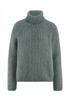Grüner, gerippter Rollkragenpullover mit dicker Textur, der über Raglanärmel und eine gemütliche Passform verfügt.