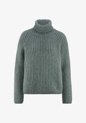 Green ribbed turtleneck sweater with a thick texture, featuring raglan sleeves and a cozy fit.