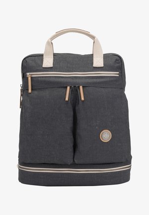 Dunkelgrauer Rucksack mit beigen Griffen, mehreren Reißverschlussfächern und einem runden Logopatch auf der Vordertasche.