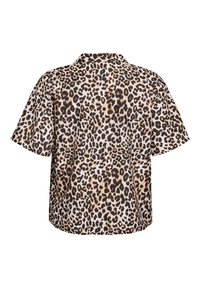 Korte mouw shirt met luipaardprint dat een losse pasvorm heeft, met knoopsluiting en een gladde textuur in zwart, bruin en crèmekleur.