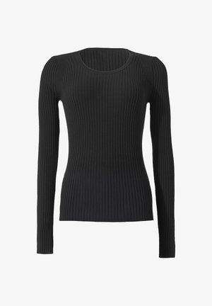 Maglietta nera a maniche lunghe in costina con scollatura rotonda, caratterizzata da una silhouette aderente e una consistenza morbida su tutto il capo.