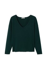 Tumši zaļa garām piedurknēm blūze ar plašu V veida kakla izgriezumu, mīksts audums un brīvs piegriezums. Iezīmē kritušās plecus un neapstrādātu apakšmalu.