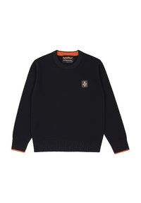 Maglione blu navy con collo rotondo, polsini e orlo a costine. Presenta un piccolo patch logo e dettagli arancioni sul colletto e sui polsini.