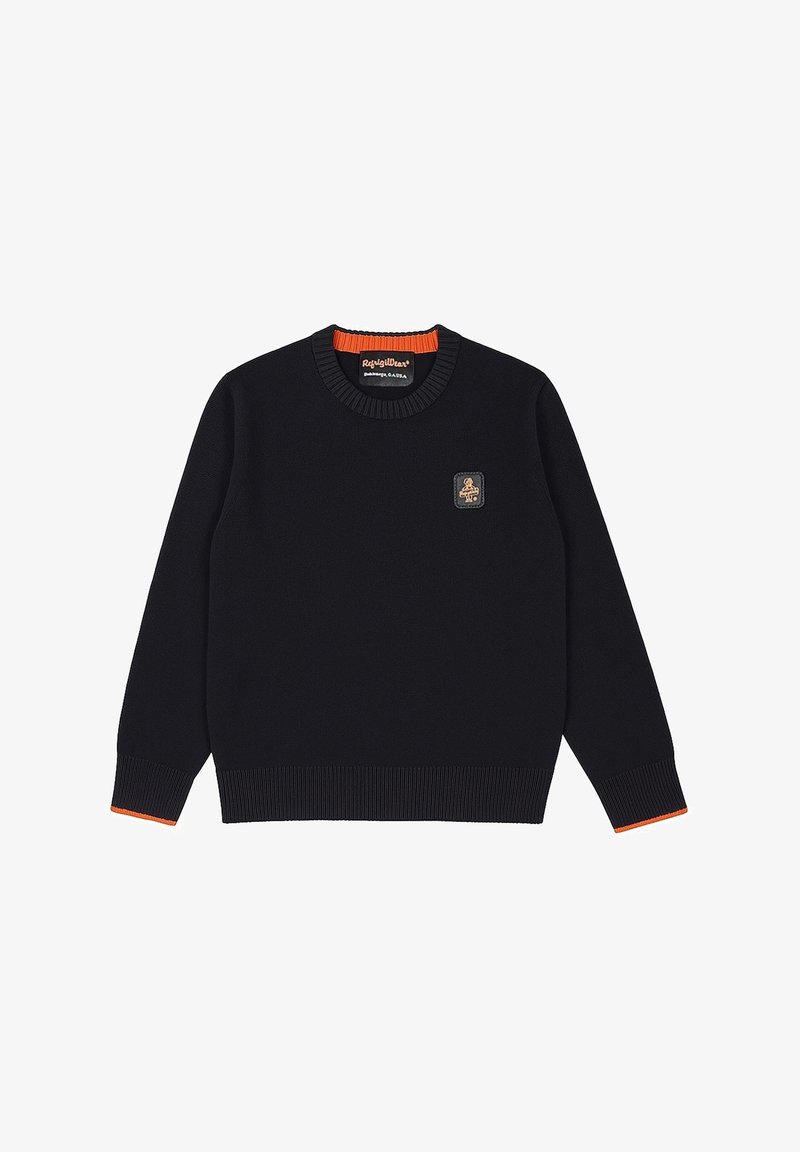 Maglione blu navy con collo rotondo, polsini e orlo a costine. Presenta un piccolo patch logo e dettagli arancioni sul colletto e sui polsini.