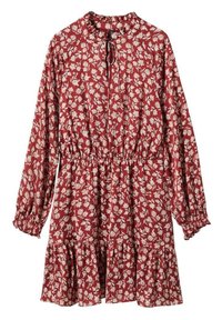 Rotes Blumenkleid mit langen Ärmeln, gerafftem Ausschnitt, Kordelzug und Rüschensaum, aus leichtem Stoff mit weißem Blumenmuster gefertigt.