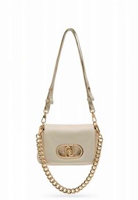 Cream leather handbag with a gold chain strap and a gold hardware clasp featuring an oval design on the front. Smooth texture.