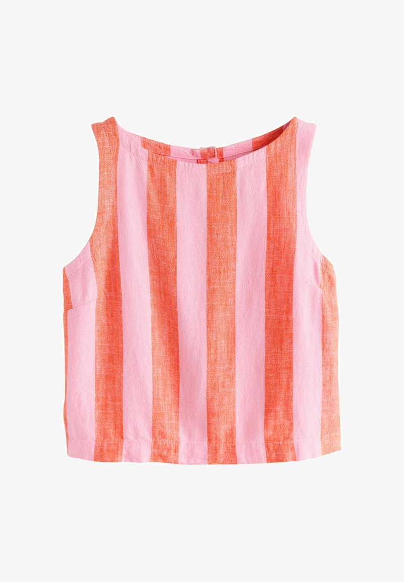 Bezruký krátky top s vertikálnymi širokými pruhmi v striedavých ružových a oranžových farbách, vyrobený z textúrovaného materiálu.