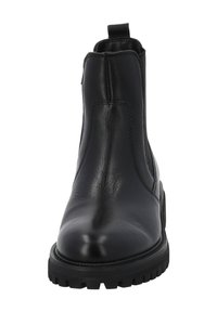 Czarne skórzane botki za kostkę o gładkim wykończeniu, z elastycznymi panelami bocznymi, pętelką do zakładania i wytrzymałą gumową podeszwą. Widok z przodu ukazujący elegancki design.