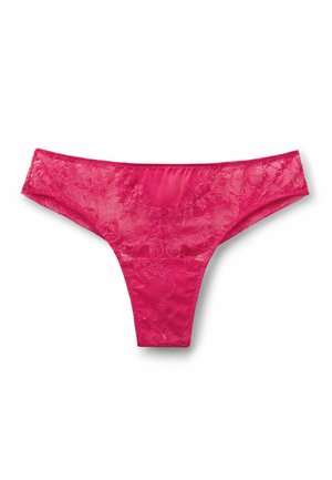 Jasnoróżowe koronkowe stringi z kwiatowym wzorem, trójkątnym przednim panelem oraz gładką tkaniną na środku u góry.