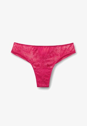 Helle pinke Spitzen-String-Unterwäsche mit Blumenmuster, dreieckigem Frontpanel und glattem Stoffabschnitt oben in der Mitte.