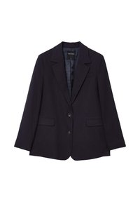 Blazer bleu marine foncé, avec un col cranté, deux poches avant, une fermeture à un bouton, et de subtils rayures verticales pour la texture.