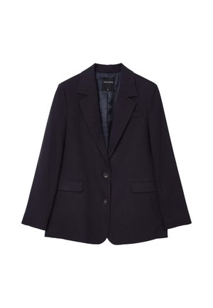 Blazer bleu marine foncé, avec un col cranté, deux poches avant, une fermeture à un bouton, et de subtils rayures verticales pour la texture.