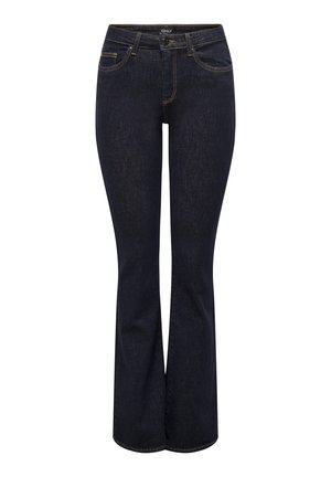 Jean évasé en denim foncé avec une taille mi-haute, des poches avant et des accents de couture dorée. Le tissu a une texture subtile et une finition lisse.