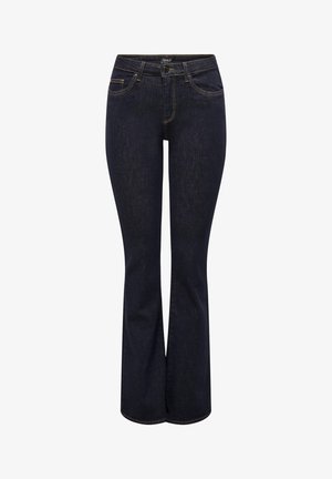 Dark denim flared jeans with a mid-rise waist, front pockets, and golden stitching accents. The fabric has a subtle texture and smooth finish.