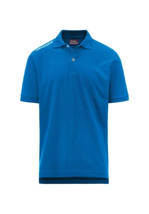 Polo blu in cotone, con colletto classico, patta con due bottoni e dettagli con logo sulla spalla. Maniche corte, vestibilità rilassata.