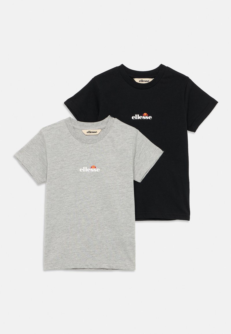Two short-sleeved t-shirts, one grey and one black. Both feature a small white "ellesse" logo with a colored accent. Cotton material.