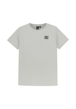 Light gray short-sleeve T-shirt with a round neck and a small, square logo patch on the left chest. Made from soft, smooth fabric.