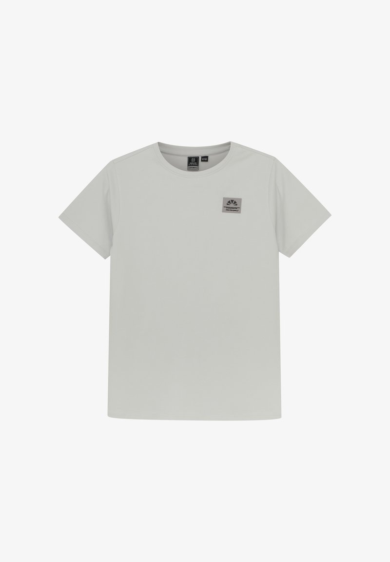 Lichtgrijze T-shirt met korte mouwen en een ronde hals, voorzien van een klein, vierkant logo-embleem op de linkerkant van de borst. Gemaakt van zachte, gladde stof.