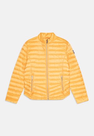 Veste matelassée jaune avec un col montant, deux zips latéraux et un patch logo sur la manche. Texture de tissu lisse, design léger.