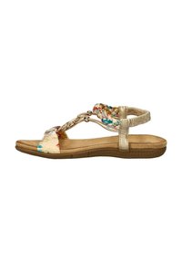 Sandal met bloemenpatroon, een beige voetbed, metalen accenten en een gevlochten band. Platte zool met een gestructureerde grip. Ideaal voor warm weer.