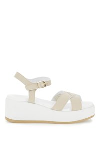 Sandali platform beige con tomaia in pelle texture, due ampie cinghie incrociate, cinturino alla caviglia regolabile e base bianca imbottita.