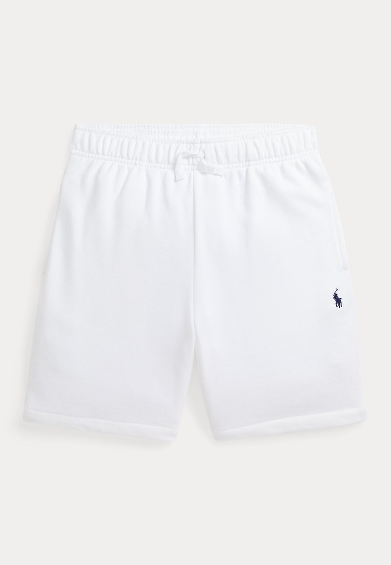 Λευκά βαμβακερά σορτς με ελαστική μέση και κορδόνι, με πλαϊνές τσέπες και μικρό ναυτικό λογότυπο στο αριστερό πόδι. Λείο υφή.