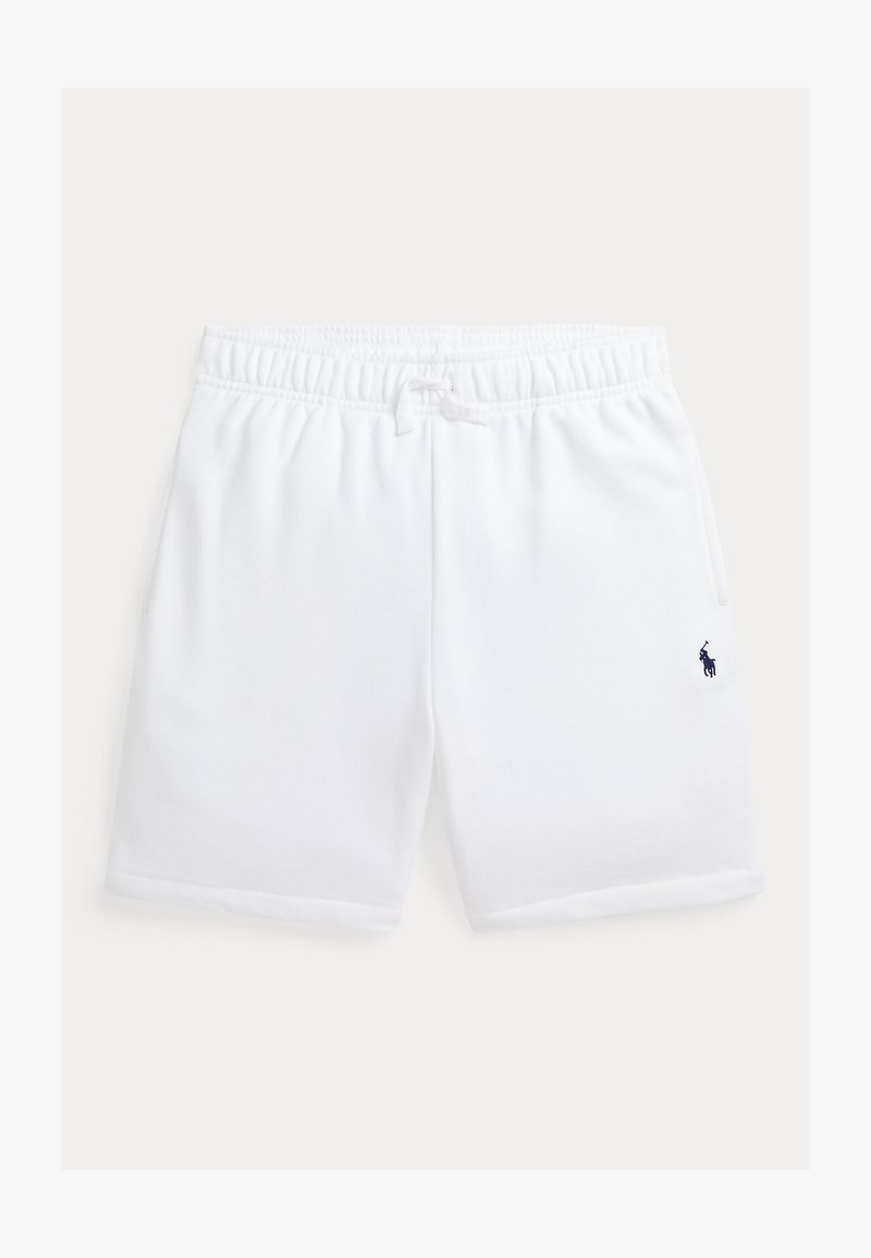 Λευκά βαμβακερά σορτς με ελαστική μέση και κορδόνι, με πλαϊνές τσέπες και μικρό ναυτικό λογότυπο στο αριστερό πόδι. Λείο υφή.