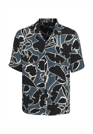 Kurzärmeliges Shirt aus dunklem blauen Stoff mit schwarzem Blumenmuster, mit einem Umlegekragen und Knopfverschluss.
