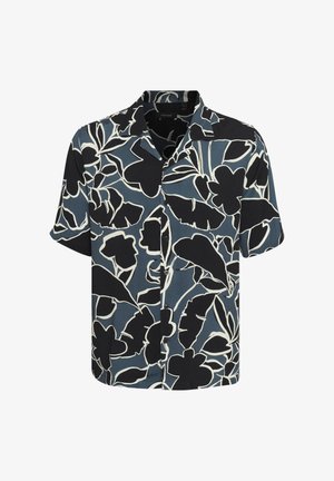 Kratkoročna srajca iz temno modrega materiala z črnim cvetličnim vzorcem, ki ima razširjen ovratnik in gumbasto zapiranje.