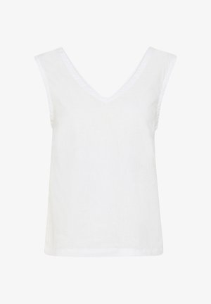 Biała lniana bezrękawnik z głębokim dekoltem w kształcie V, luźnym krojem i czystymi krawędziami. Lekka tekstura bez wzorów czy akcentów.