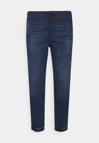 Mörkblå denim joggerbyxor med elastisk ribbad midja och dragsko, elastiska muddarna och subtilt blekt mönster på framsidan av benen.