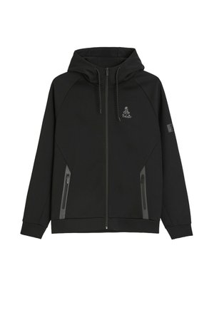 Czarna bluza z kapturem na zamek błyskawiczny, z regulowanym kapturem, dwoma zasuwanymi kieszeniami po bokach i małym logo na lewej piersi oraz na łatce na rękawie.