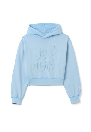 Light blue cropped hoodie made of soft fabric, featuring a textured "Just a Girl" slogan on the front and ribbed cuffs and hem.
