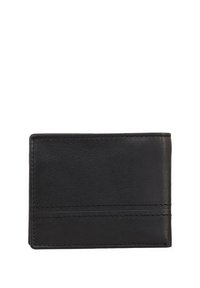 Zwarte leren portemonnee met een gladde textuur, voorzien van een horizontale kaartenhouder en minimale stiksels aan de randen. Compact rechthoekig ontwerp.