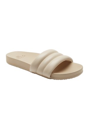 Beige slide sandal with three textured straps, made of synthetic material. Flat sole with subtle grip pattern for traction.