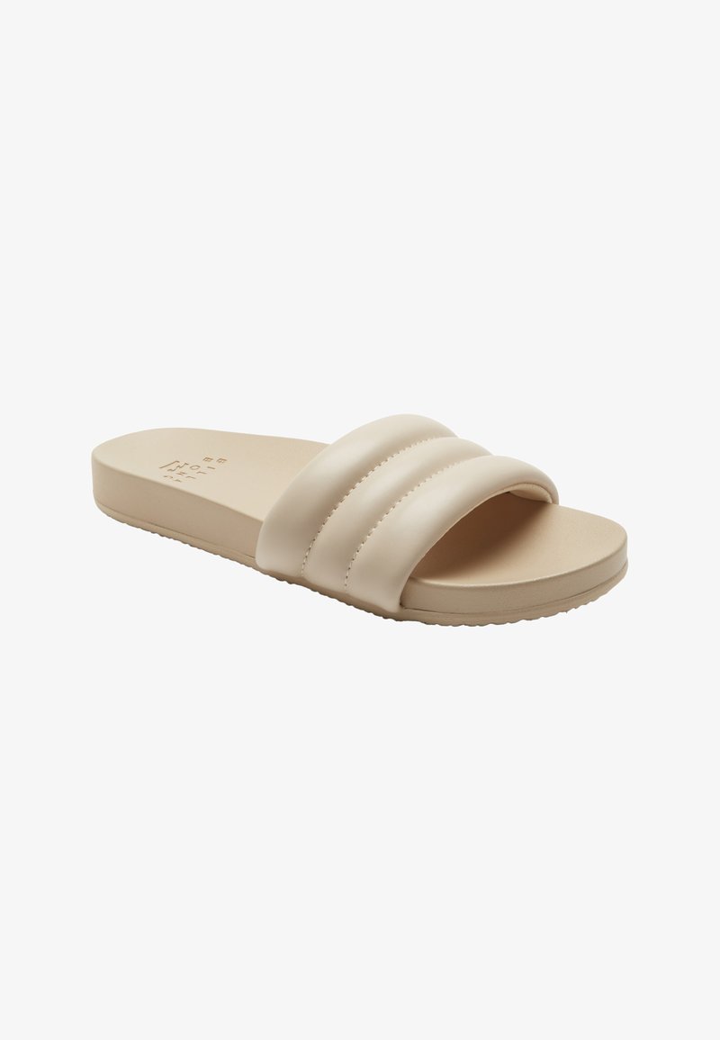 Beige slide sandal with three textured straps, made of synthetic material. Flat sole with subtle grip pattern for traction.